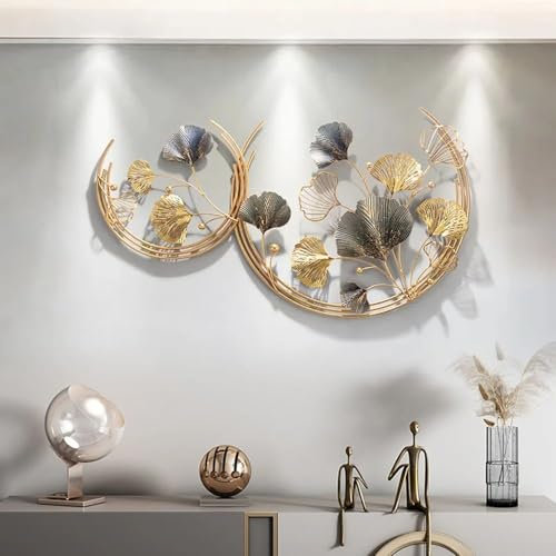Homary Metall Runde Wandkunst, 3D Wanddekoration mit Ginkgo-Blättern für Wohnzimmer, Schlafzimmer und Büro