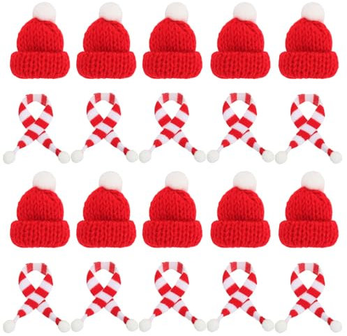 20/30 Stück Mini Weihnachtsmütze Und Schal Set, Weihnachtsmann Strickmütze Bestecktaschen, Mini Nikolausmütze Weihnachtsschal Tischdekoration Für Weinflasche, Besteckhüllen, Puppenhaus Deko (Rot)