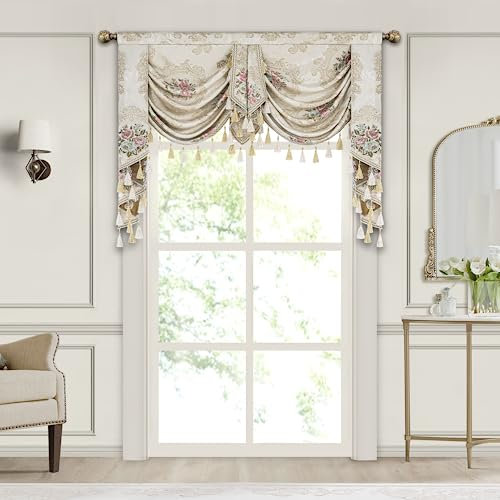 TOPLUXE Swag Volant Vorhang für Schlafzimmer Esszimmer Wohnzimmer Küche, Jacquard Kurzstore Waterfall Volant-Vorhang für Fenster 1 Stück (Breite 150cm, Florales Muster)