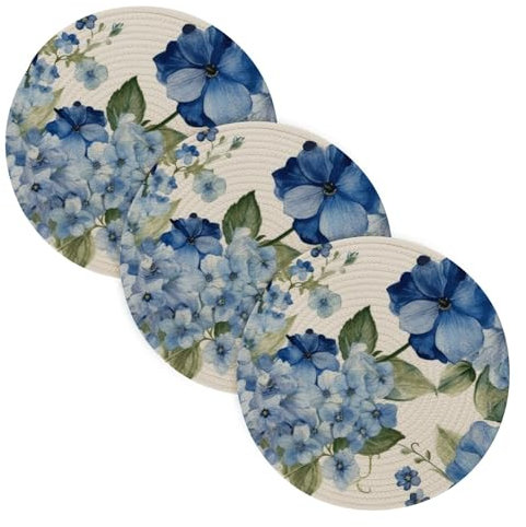 3 Stück Mikrowellen-Untersetzer, blau, grün, weiß, Aquarell, Hortensien, für heiße Töpfe und Pfannen, 38,1 cm, Baumwollgarn, gewebt, hitzebeständig, Hotpads für Mikrowelle, Herd, Heimbedarf