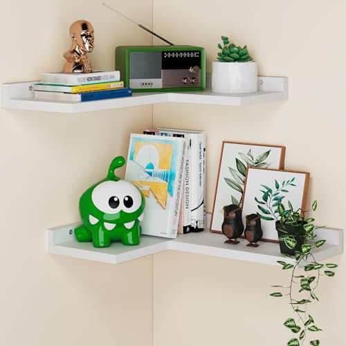 LUPWNEKA Weiße Eckwandregale - Holz Dekorative Regale für Wand 2er Set, Live Edge L-förmiges Eckregal Aufbewahrung, Rustikales Eckregal Wandmontage für Schlafzimmer, Wohnzimmer, Badezimmer, Küche