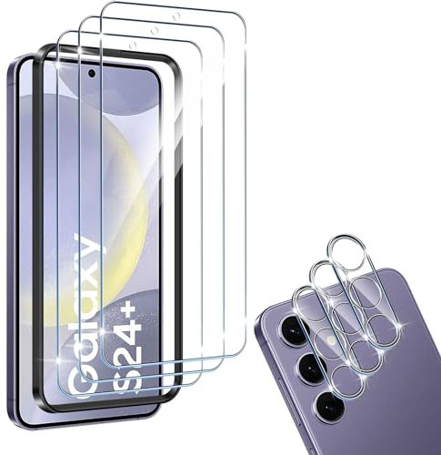 HidWee Pellicola Protettiva Compatibile con Samsung Galaxy S24 Plus, 3 Pezzi Vetro Temperato + 3 Vetro Protezione Fotocamera Con Strumenti di Installazione, 9H Durezza Anti-Graffio Screen Protector