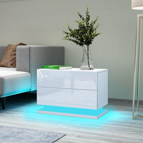 Moderne Hochglanzfront Nachttisch Kommode mit 2 Schubladen aus Holz Sofa Tisch mit RGB LED Streifen für Schlafzimmer Wohnzimmer Wohnmöbel Weiß 50x35x43cm