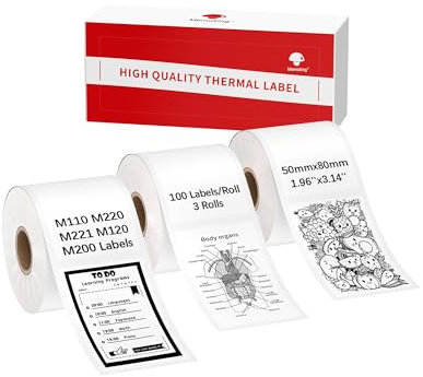M110 Etiketten Kompatibel mit Phomemo M110, M220, M221, M150, M250, M108, M100, M120, M200 und Memoking M260 Etikettendrucker, 50 mm x 80 mm (1.96 X3.15), 100 Etiketten/Rollen, 3 Rollen