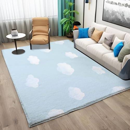 Teppich 120x170cm für Wohnzimmer und Schlafzimmer Moderne DekoCartoon Blauer Himmel Mit WeißEn Wolken Flauschiger und Rutschfester Waschbar Kurzflor Teppich Hellblau, Faltbare weiche Kindermatte