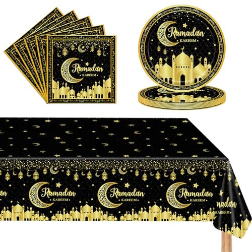 POPOYU 37 Stück Ramadan Eid Mubarak Partygeschirr,Ramadan Servietten,23cm Pappteller,Ramadan Tischdecke,Schwarzes Gold Eid Mubarak Party Dekoration Set für Umrah Mubarak Islam Muslim Party Supplies