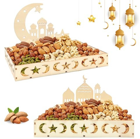 Eid Mubarak Tischdeko Teller, 2PCS Eid Mubarak Tablett, Ramadan Tablett Holz Serviertablett, mit Mond und Stern Muster Ramazan Deko für Süßigkeiten Kuchen Kekse, Eid Tischdekoration