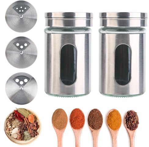 Yanuojie 2pcs Salt and Pepper Seasoning Shaker,Stainless Steel Cover,Durable Glass,with 3 Adjustable Pouring Holes,for Home Kitchens Camping Barbecues Restaurants Granular Seasoning
