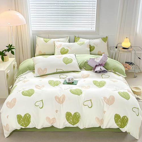 GETIYA Mädchen Damen Bettwäsche 135x200 4teilig Elegant Herzmuster Bettwäsche Herz Herzen Muster Bettbezug Mikrofaser Weiß Grün Wendebettwäsche Doppelbett mit 2 Kissenbezug 80x80