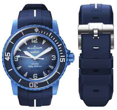 Armband für Blancpain Swatch,gebogenes,weiches Gummi,Ersatzband für Swatch Blancpain Fifty Fathoms,22 mm Schnellverschluss-Armband für Blancpain x Swatch Herren Damen (Marine weiße Linie)