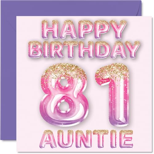 81st Birthday Card for Auntie, Pink & Purple Glitter Balloons | Happy Birthday Cards for 81 Year Old Aunt Aunty from Nephew Niece, 145mm Bday Greeting Cards Gift