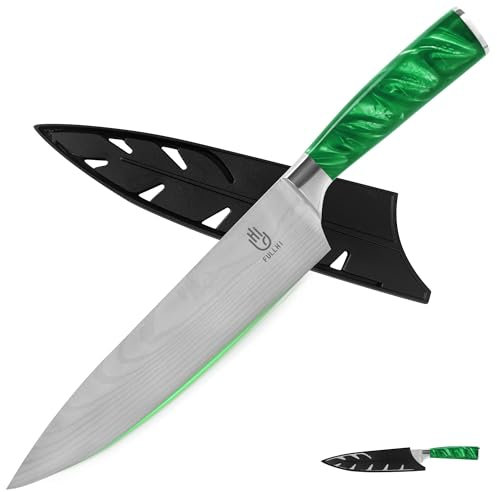 FULLHI Cuchillos de cocinero, Cuchillo Japonés Multicolor de 8 Pulgadas con Guarda, Cuchillo de Cocina Alemán de Acero Inoxidable Premium con funda (Resina verde)