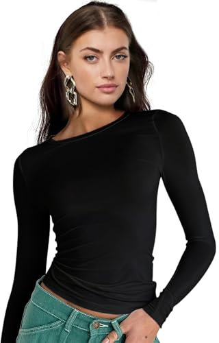 Women Basic Tops, Long Sleeve Crewneck Slim Base Layer Fit Y2K T Shirts, Fashion Going Out Crop Clothes for Ladies Girls Black