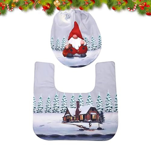 2 Stück Weihnachts Toilettensitzbezüge,WC Deckelbezug Weihnachtsteppich Dekorationen Weihnachts Toilettenbezug mit Matte,Weihnachtsmann Toilettensitzbezug und Teppichset für Toilettendeckeldekor