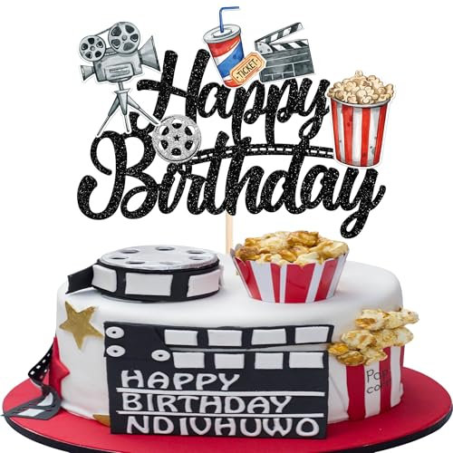 Xsstarmi 1 Packung Tortendeko Filmabend Geburtstag Tortenaufsatz Glitzer Popcorn-Filme Kuchen Pick Kino Kuchen dekorationen für Filmthema Geburtstag Party Zubehör Schwarz