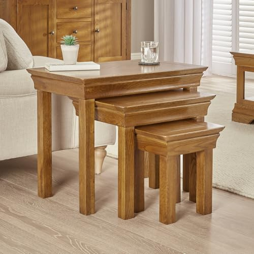 The Furniture Market French Louis Oak Nest of 3 Side Tables – Elegant French Styling with Premium Craftsmanship, Classic Design, Living Room, Bedroom, Kitchen - H 550mm x W 680mm x D 440mm