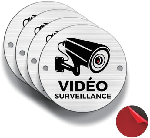 FloraVigo Panneaux d'avertissement vidéo, 4 pièces, φ85 mm, aluminium brossé, épaisseur 3 mm, intérieur/extérieur, avec autocollants et trous (VIDÉO SURVEILLANCE)