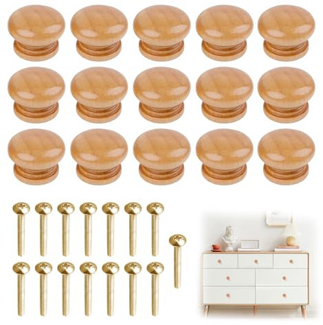 Wooden Drawer Knobs with Screws 15PCS, Door Knobs for Cupboards, Round Mushroom Wooden Cabinet Handles, Wood Furniture Knobs for Drawers Home Kitchen Office Door 2.8 X 2.1cm / 1.12 X 0.83 Inches