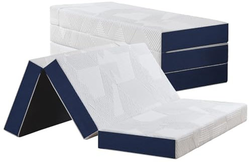 Okeery Klappmatratze 75 x 195 x 15 cm, 4-teilige Faltmatratze, Klappbar - Faltbare - Waschbarer Bezug - Schaumstoff Matratze, Gästematratze (Weiß & Blau)