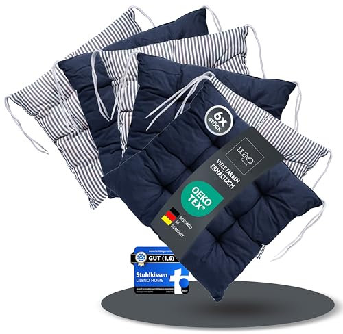 LILENO HOME 6er Set Wende Stuhlkissen Dunkelblau (40x40x6 cm) - Streifen Sitzkissen für Gartenstuhl, Küche oder Esszimmerstuhl - Indoor u. Outdoor Stuhlauflage als Stuhl Kissen (Linda FUM)