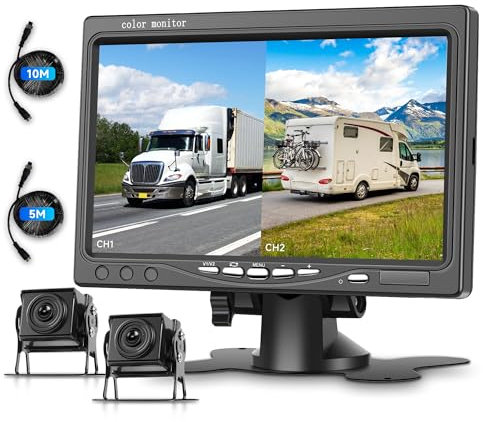 Telecamera Posteriore Kit per Auto 2 Telecamere con 7 Pollici LCD Monitor, Telecamere di Retromarcia con BSD, Impermeabile IP68, Visione Notturna, 5M+10M Cavo per Camion/Bus/Camper/Furgone/Agricoltura