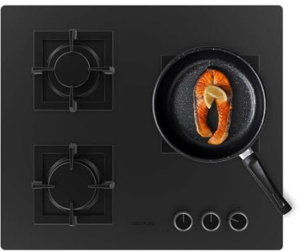 Cecotec Plaque de Gaz 3 Feux pour Gaz Naturel et Butane Bolero Squad G 3800S Eternal Nano Glass. 10,35 kW, Verre Noir Mat, Grilles Individuelles en Fonte, Brûleur Eternal avec Support WOK