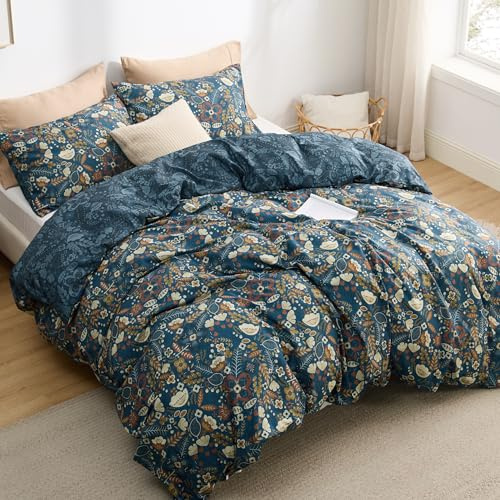 Bedsure Double Duvet Cover Set - Reversible Floral Duvet Cover with Zipper Closure, 3 Pieces Navy Blue Bedding Set with 8 Corner Ties and 2 Pillowcases, 200x200cm