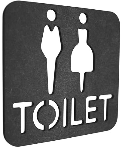 Panneau de toilettes autocollant en bois noir avec texte et silhouettes - Unisexe