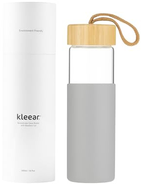 High-End Borosilicate Glass Water Bottle with protective silicone sleeve, bamboo lid and carrying loop. Office, Yoga, Gym, Exercise, Travel Friendly, 500ml, Leakproof, BPA-Free, Dishwasher Safe.(Grey)