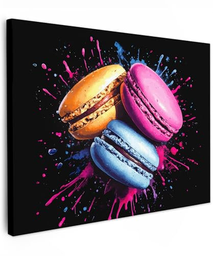 MuchoWow© Impression sur Toile Decoration Murale Peinture 40x30 cm Tableaux Decoratifs Muraux Déco Chambre Tableau Salon Macarons - Dessert - Graffiti - Coloré - Rose - Bleu - Jaune