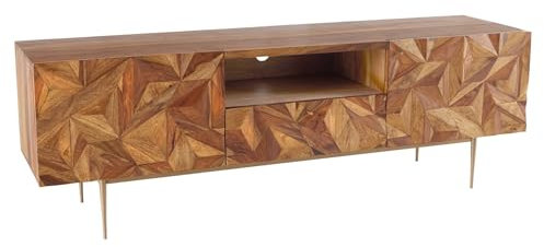TV Lowboard 160 cm lang Sheesham Holz massiv Metall mit Schublade Fach Türen in Natur Gold Handarbeit Fernsehschrank