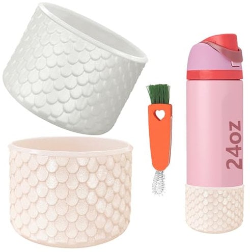OcTecho 2Pcs Silicone Water Bottle Boot for Owala Freesip 710ml/24oz, Bottles Bottom Cover Protector for Water Bottle, Anti-Slip Protective Sleeve-White+Pink, For Owala Freesip 710ml/24oz