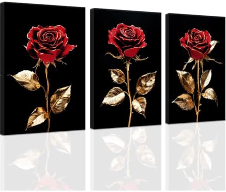 ZXHYWYM Roségold Wanddekoration 3er Set Schwarz Gold Blumengemälde Drucke rote Rose Leinwandbilder Blumendekor gerahmt (50x70cmx3)