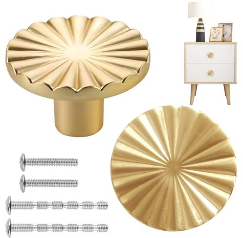 KeyQueen 2 Pack Gold Brushed Vintage Cabinet Knobs Brass Flat Drawer Pulls Doors Hardware Handles with Screws Set for Cupboard Dresser Wardrobe Drawers Jewelry Boxes