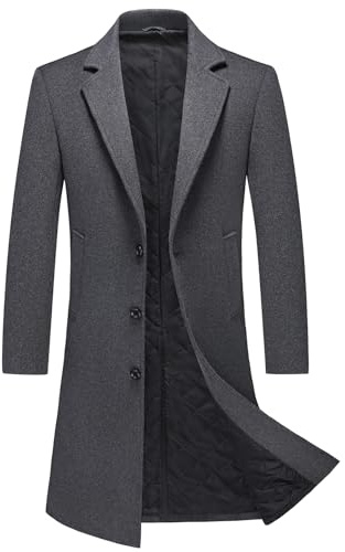 MODFUL Mens Long Wool Trench Coat Padded Knee Length Warm Overcoat Casual Peacoat Slim Fit Outwear (Grey, L)