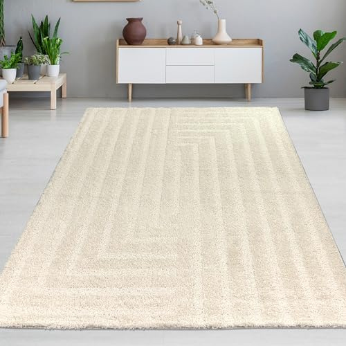 CARPETIA Hochflor Teppich großes Wohnzimmer stilvoll weich pflegeleicht hochwertig strapazierfähig dekorativ einfarbig modern Creme 200 x 290 cm