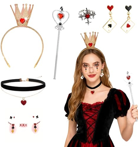Orizizhic Rotes Herz Königin Kostüm Zubehör, 6 Stück Königin Kostüm Set mit Krone Stab Herz Halskette Ohrringe Ring Tattoos für Karneval Fasching Kostüm Weltbuchtag Cosplay Fancy Dress Maskerade