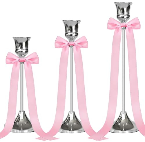 SparkleJoy 3 Set Kerzenständer Silber mit Rosa Schleife,22/19/16CM Höhe Kerzenhalter Stabkerze, Dekorative Silberne Vintage für Geburtstagsessen, Jubiläum, Hochzeit, Heimdekoration (Silber, 3)