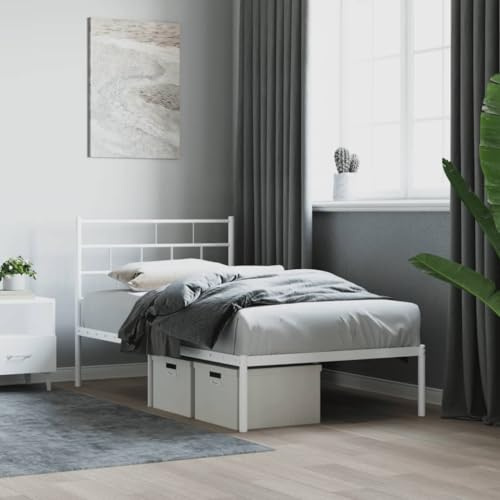QJBSAVVA Metall-Bettgestell 80x200 Weiß, einzeln, mit Kopfteil und Stauraum, Robustes Stahlrahmen-Gästebett, modernes Schlafzimmer-Möbel für Jugendzimmer, Schlafzimmer und Gästezimmer