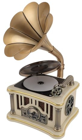 Lazmin112 Haut-Parleur Gramophone Vintage, Design inspiré de la Platine Rétro Portable avec Double Haut-parleurs HiFi et Radio FM, 5.0, Télécommande (White)