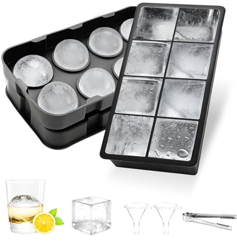 2 Stück Silikon Eiswürfelbehälter mit Deckel, 5cm 16 Fach Groß Rund Eeiswürfel Kugel und Eeckige Eiswürfelformen, BPA Frei Ice Cube Tray für Whiskey, Cocktails, Saft, Eiscreme, Schokolade
