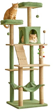 Quuzee Grand arbre à chat de Noël, tour à chat de 178 cm de haut, pour chats d'intérieur avec griffoirs recouverts de sisal, niche en peluche, grands perchoirs rembourrés, hamac confortable, vert