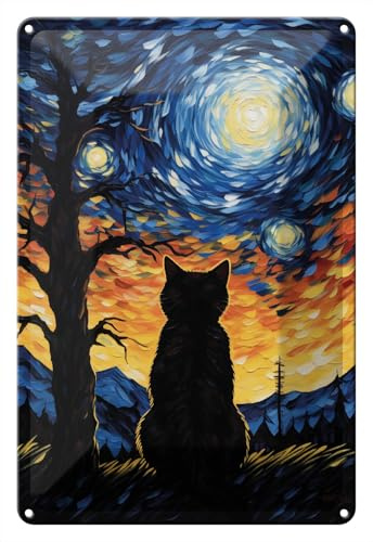 Wallario Blechschild Wandbild aus Metall Katze im Sternenlicht - 20 x 30 cm in Premium-Qualität: Brillante Farben