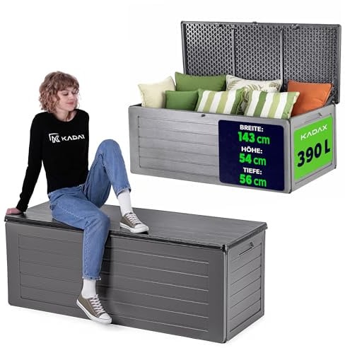 KADAX Aufbewahrungsbox 390L, Gartenbox aus Polypropylen, Kissenbox für Garten, Terrasse & Balkon, Auflagenbox mit abschließbarem Deckel & Holzoptik (Dunkelgrau)