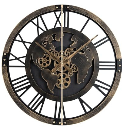 COSTWAY Große Wanduhr, 68 cm Zahnraduhr mit Weltkarte, geräuschlose dekorative Metalluhr mit beweglichen Zahnrädern, batteriebetriebene Wanddekoration für Wohnzimmer, Schlafzimmer & Küche, Braun