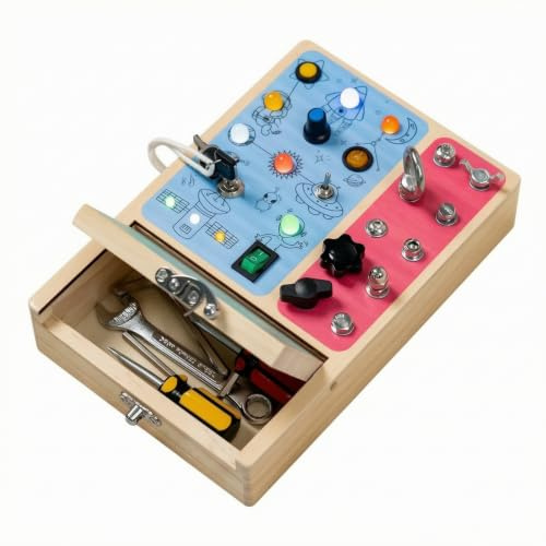 Children Early Board Wooden Activity Box Busy Board Toy With Hinged Lid Storage LED Buttons Toggle And Knobs Screws And Nuts For Practical Skill Building suitable for toddler play early education