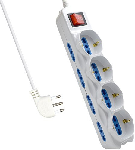 Multipresa a 12 Posti, Ciabatta Elettrica con 12 Prese (4 Schuko/Tedesche + 8 Italiane 10A/16A) - Spina Italiana 16A - Potenza 250V/2500W - Cavo da 3 Metri, Prese Angolate a 45°