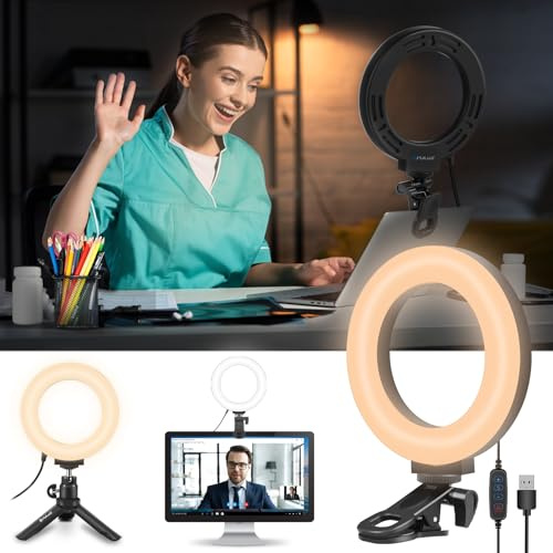 PULUZ Continuous Output Lighting, 6 Clip Ring Light with Stand & Clip | Video Conference Light with 72 LED 3 Light Colours + Brightness 10-Level Video Light for Laptop & Computer Zoom Meeting