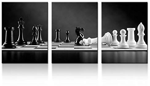 iK Canvs 3 Panel Moderne Schwarz und Weiß Schachbrett Leinwand Wand Art Poster Prints Checkmate Move on Schachbrett Bilder Noch Life Malerei, Giclée Kunstwerk für Büro Decor 12 x 16inchx3pcs