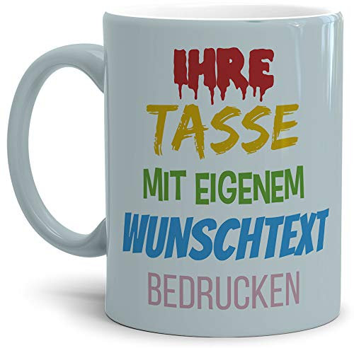 Tasse selbst gestalten/mit eigenem Text beschriften/Wunsch-Name/Spruch-Tasse/Metallic - Silber/Mittig gegenüber vom Henkel Bedruckt